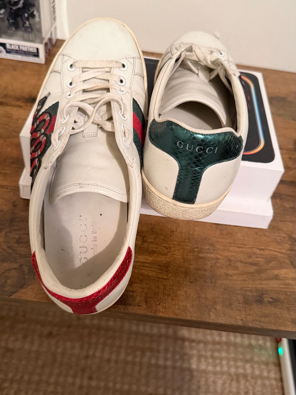 Gucci White Leather Ace Sneaker with Red & Green Accents.